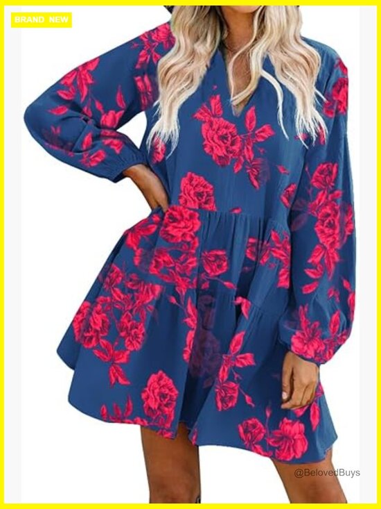 Dresses & Skirts - Women's Shift Tunic Dress with Pockets Long Sleeve Swing Babydoll Mini Dress